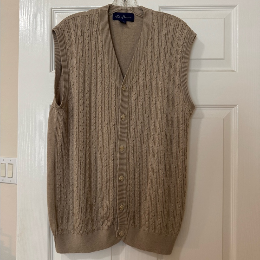 Alan Flusser Men’s Button Front Vest Khaki Size M Cable Knit Front Silk & Cotton - Picture 1 of 6